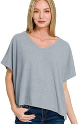 Zenana Ribbed V-Neck Short-Sleeve Knit Top BLUE GREY OutfitFlow