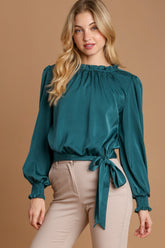 Umgee Frill Tied Hem Long Sleeve Blouse Deep Teal OutfitFlow