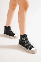 Beast Fashion Multi-Buckle Straps Studded Platform Sneakers Black OutfitFlow