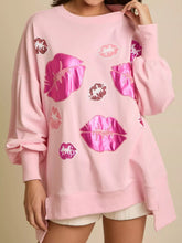 Lips Round Neck Dropped Shoulder Sweatshirt Pink OutfitFlow