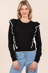 Mittoshop Contrast Trim Ruffled Round Neck Knit Top Black OutfitFlow