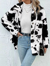 Cow Print Collared Neck Button Up Fuzzy Jacket White OutfitFlow
