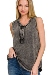 Zenana Washed Half-Button Raw Edge Sleeveless Henley Top ASH BLACK OutfitFlow