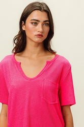 BiBi Waved Rib U Neck Top With Front Pocket FUCHSIA OutfitFlow
