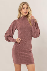 HYFVE Glitter Mock Neck Long Sleeve Mini Dress Rose OutfitFlow