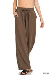 Zenana Woven Crepe Elastic Band Pants BROWN OutfitFlow