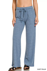 Zenana Ribbed Drawstring Lounge Pants DUSTY BLUE OutfitFlow