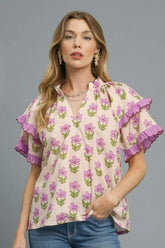 Umgee Floral Print Ruffle Short Sleeve Blouse Pink Purple OutfitFlow