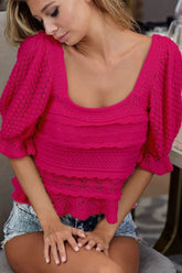 BiBi Square Neckline with Puff Sleeve Crochet Top FUCHSIA OutfitFlow