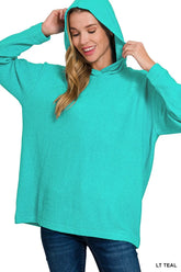 Zenana Hooded Brushed Melange Hacci Sweater LT TEAL OutfitFlow