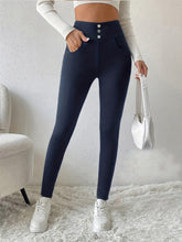 Decorative Button Skinny Pants with Pockets Dark Blue OutfitFlow