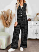 Plaid V-Neck Button Up Vest and Pants Set Black OutfitFlow