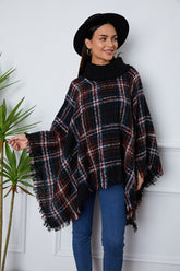 Shiny Turtleneck Plaid Raw Hem Sweater Black OutfitFlow