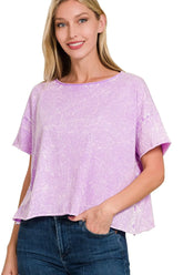Zenana Washed Crew Neck Short Sleeve Crop Box Tee B LAVENDER OutfitFlow