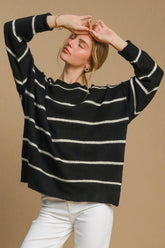 Umgee Wool Blend Striped Round Neck Sweater Black Cream OutfitFlow