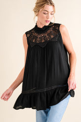And The Why Lace Detail Sleeveless Ruffled Top Black OutfitFlow