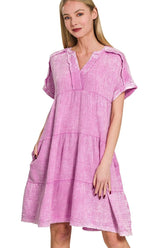 Zenana Washed Double Gauze Raw Edge V-neck Dress BRIGHT MAUVE OutfitFlow
