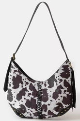 Fame Cow Print Hobo Shoulder Bag with Studded Details BW one size OutfitFlow