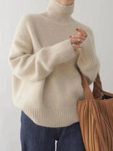 Turtleneck Dropped Shoulder Long Sleeve Sweater Cream One Size OutfitFlow