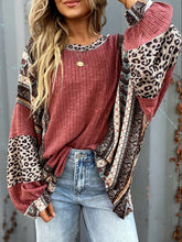 Leopard Round Neck Long Sleeve Sweatshirt Cerise OutfitFlow