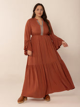 Plus Size Ruffled Notched Long Sleeve Midi Dress Terracotta OutfitFlow