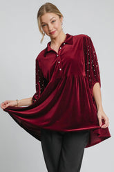 Umgee Pearl Detail Collared Neck Velvet Babydoll Blouse Burgundy OutfitFlow