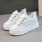 Lace Up Round Toe Platform Sneakers White OutfitFlow