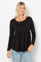 Be Stage Full Size Texture Babydoll Round Neck Long Sleeve Knit Top Black OutfitFlow
