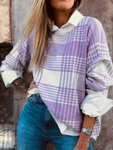 Plaid Round Neck Long Sleeve Sweater Lilac OutfitFlow