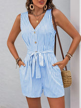 Striped V-neck Button Front Belted Romper Light Blue OutfitFlow