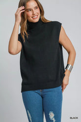 Umgee High-Low Turtleneck Sleeveless Sweater Top Black OutfitFlow