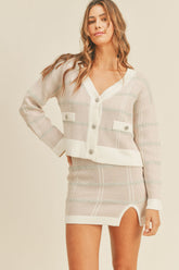 MABLE Plaid Button Down Sweater Cardigan and Mini Skirt Set Blush OutfitFlow