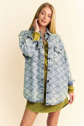 Davi & Dani Curved Hem Diamond Quilted Button Up Denim Shacket Light Blue OutfitFlow