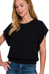 Zenana Round Neck Short Dolman Sleeve Sweater BLACK OutfitFlow