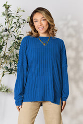 Basic Bae Full Size Ribbed Round Neck Slit Knit Top Blue OutfitFlow