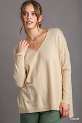 Umgee V-Neck High Low Hem Knit Top with Side Slit Cream OutfitFlow