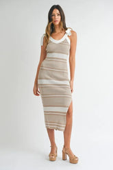 MABLE Striped Rib Knit Midi Dress LT TAUPE OutfitFlow