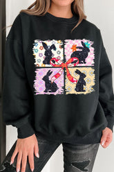 Floral Bunny Plaid Bow Graphic Easter Sweatshirt Black OutfitFlow