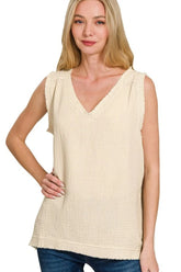 Zenana Double Gauze Raw Edge Acid Washed Tank SAND BEIGE OutfitFlow