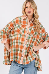 SAGE + FIG Side Slit Plaid Button Down Long Sleeve Shirt Savanna OutfitFlow