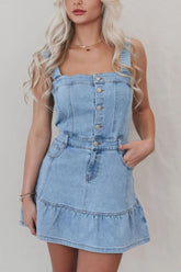 Ruffled Hem Button Front Square Neck Denim Dress Medium OutfitFlow