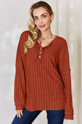 Basic Bae Full Size Ribbed Half Button Long Sleeve T-Shirt Rust OutfitFlow
