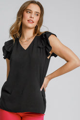 Umgee Full Size V-Neck Double Layered Ruffle Sleeve Blouse Plus Size Black OutfitFlow