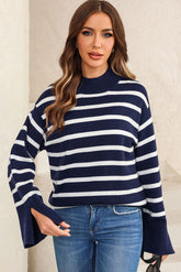 Striped Slit Drop Shoulder Sweater Navy OutfitFlow