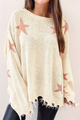Contrast Star Raw Hem Long Sleeve Knit Top Cream OutfitFlow