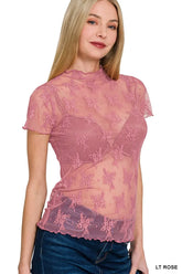 Zenana Lace See-through Layering Short Sleeve Top LT ROSE OutfitFlow