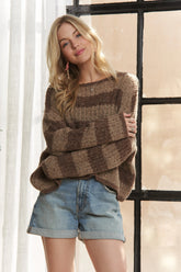 ADORA Horizontal Stripes Knit Textured Sweater BROWN One Size OutfitFlow
