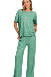 Zenana Soft Melange Short Sleeve Tee & Long Pants Set DK GREEN OutfitFlow