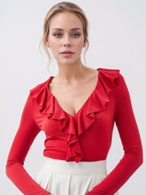 Ruffled V-Neck Long Sleeve T-Shirt Scarlet OutfitFlow