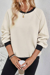 Texture Contrast Long Sleeve Sweatshirt Beige OutfitFlow